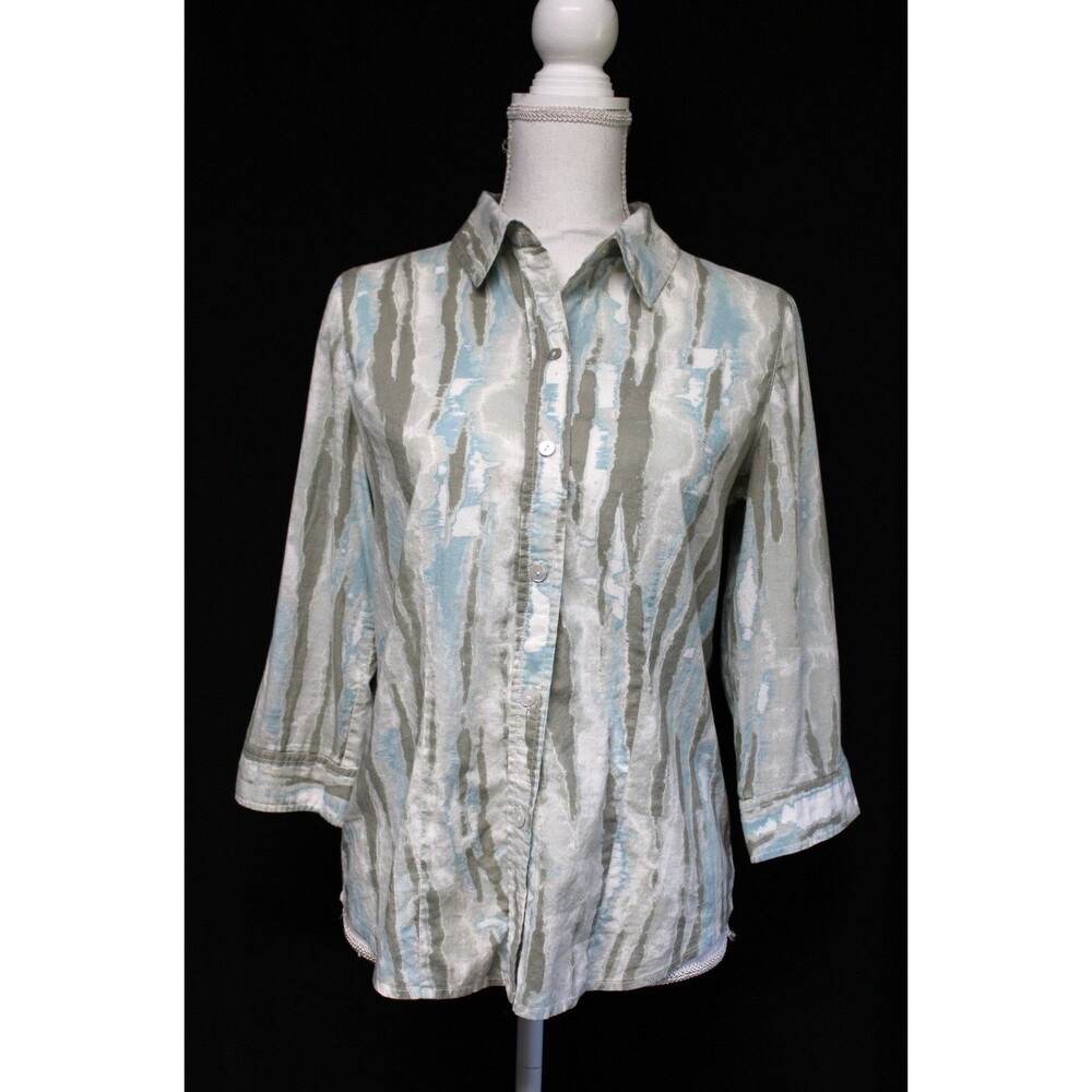 Chicos womens casual/beach lightweight beige and blue button front blouse size L